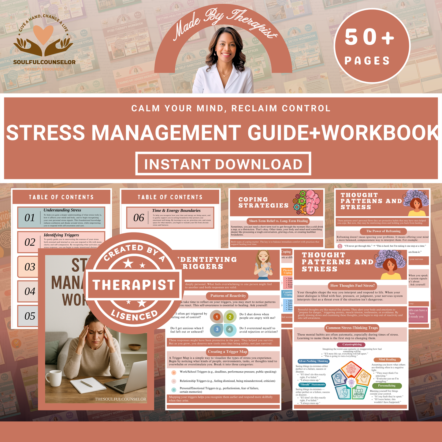 Stress Management Workbook & Guide for Adults and Teens, Digital Mental Health Journal, Anxiety Relief Worksheets, Mind-Body Stress Relief