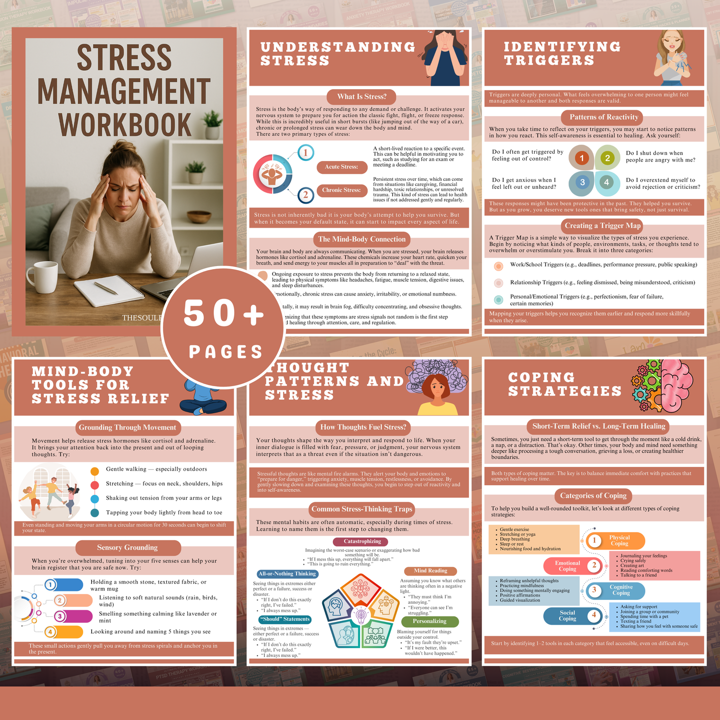 Stress Management Workbook & Guide for Adults and Teens, Digital Mental Health Journal, Anxiety Relief Worksheets, Mind-Body Stress Relief