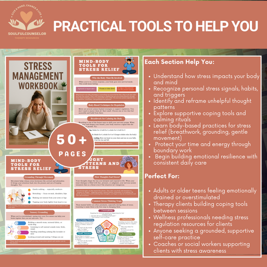 Stress Management Workbook & Guide for Adults and Teens, Digital Mental Health Journal, Anxiety Relief Worksheets, Mind-Body Stress Relief
